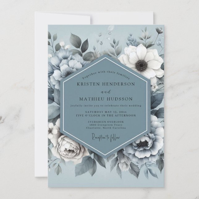 Invitation Steel Blue Monotone Flora Wedding (Devant)