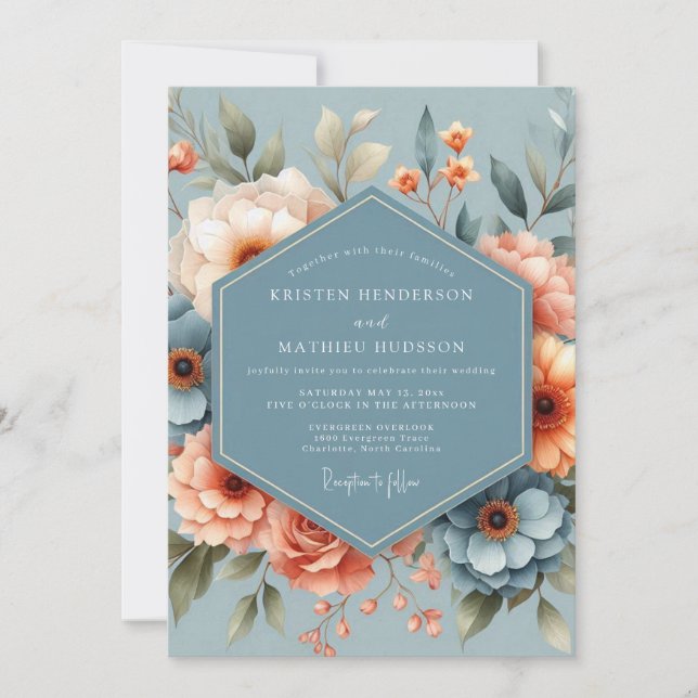 Invitation Steel Blue Peach Romantic Wedding (Devant)