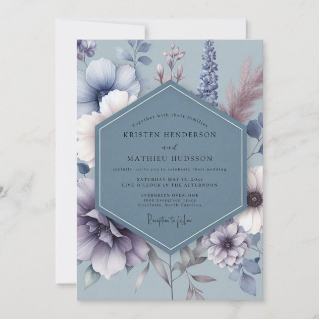 Invitation Steel Blue Somber Flora Wedding (Devant)