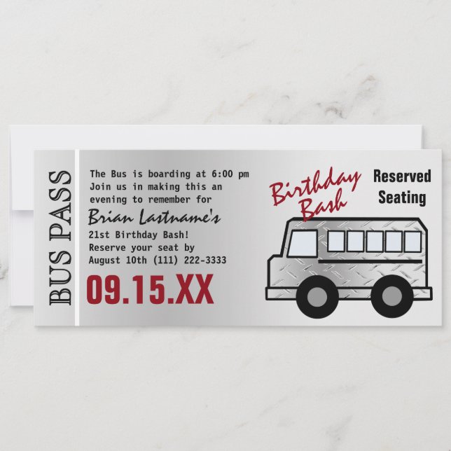 Invitation Steel Design 21e Anniversaire Party Bus Pass (Devant)