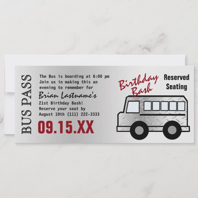Invitation Steel Design 21e Anniversaire Party Bus Pass (Devant)