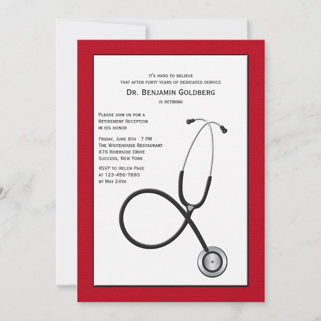 Invitation Stethoscope avec Red Border Médicale Retirement In (Devant)