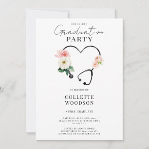 Invitation Stéthoscope Floral Élégant pour la Remise des Dipl