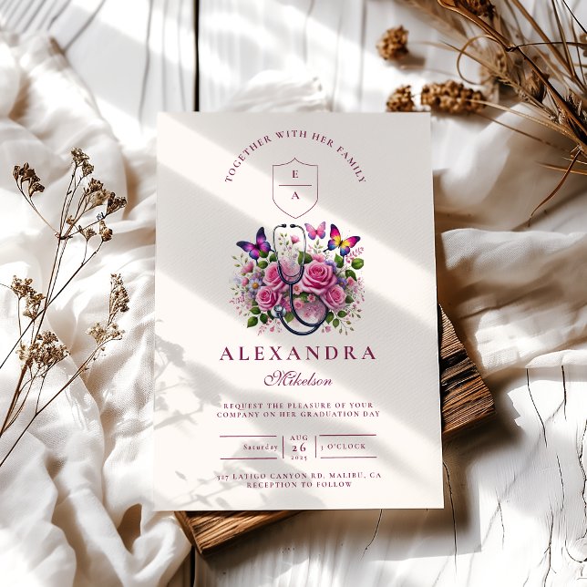 Invitation Stéthoscope floral Papillon Infirmière Graduation (Créateur téléchargé)