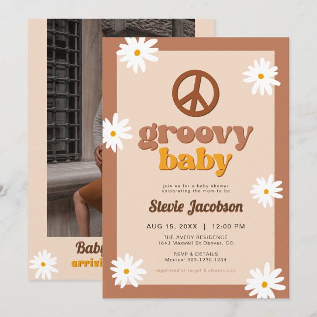 Invitation STEVIE Retro les années 70 Daisy Baby shower Super (Devant / Derrière)