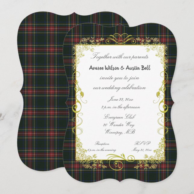Invitation Stewart Black Moderne Tartan Avec Cadre Doré (Devant / Derrière)