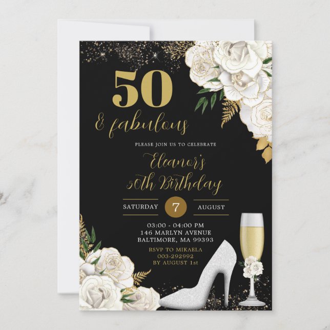 Invitation Stiletto blanc et or talons Floral Anniversaire (Devant)