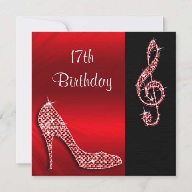 Invitation Stiletto Rouge & Clé de Sol 17e Anniversaire (Devant)