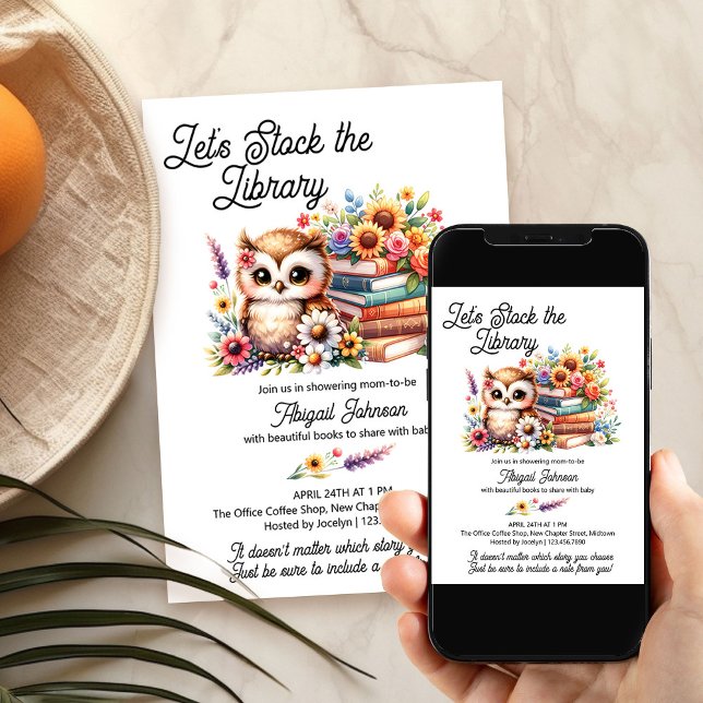 Invitation Stock du Baby shower de la bibliothèque Wise Owl F (Stock the Library Baby Shower invitation for book lovers, office baby showers, baby sprinkles ..)