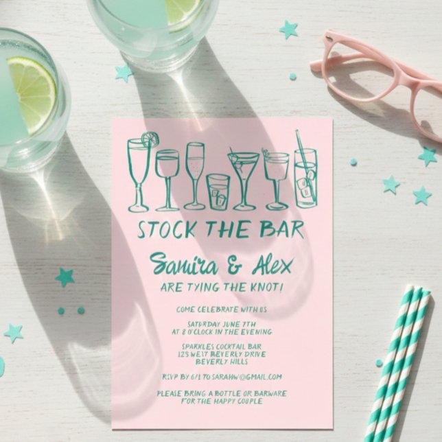 Invitation Stock du bar Whimsical Cocktail Boissons Fiançaill (Stock the Bar Whimsical Cocktail Drinks Engagement Party Invitation Pink Green
)