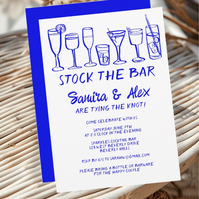 Invitation Stock du bar Whimsical Cocktail Boissons Fiançaill (Stock the Bar Whimsical Cocktail Drinks Engagement Invitation BLue Sketch Doodle Cute Trendy
)