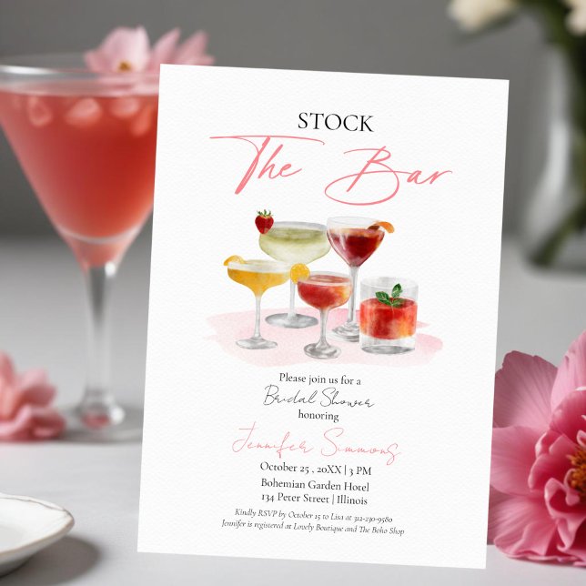 Invitation Stock The Bar Watercolor Cocktails Fête des mariée (Créateur téléchargé)
