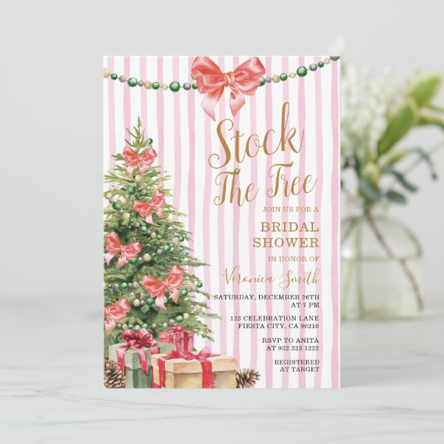 Invitation Stock The Tree Christmas Pink Bow Bridal Shower (Debout devant)