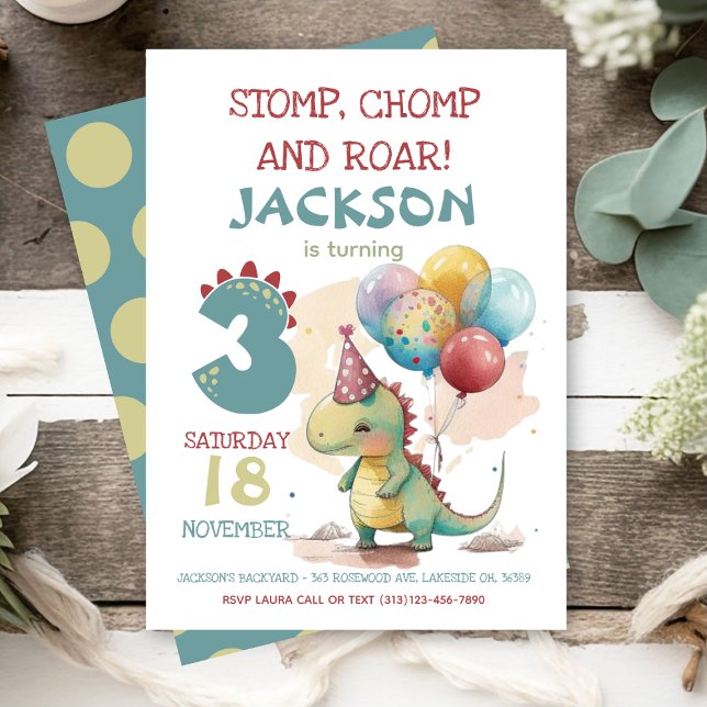 Invitation Stomp, Chomp, Chomp Dinosaur 3e fête d'anniversair (Créateur téléchargé)