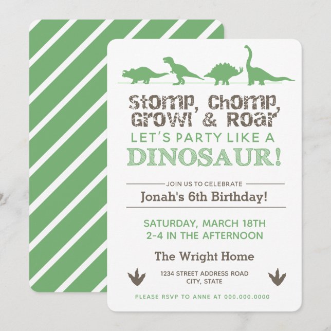 Invitation Stomp, Chomp Growl & Roar, Dinosaure Anniversaire (Devant / Derrière)