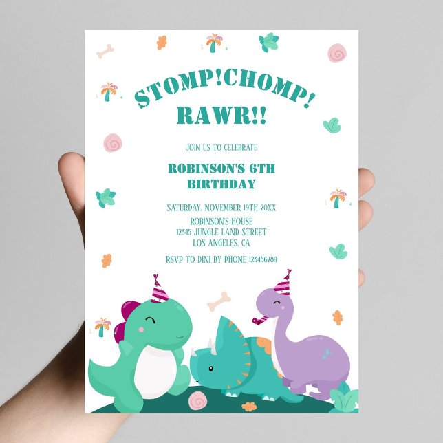 Invitation Stomp Chomp Rawr Cute Dinosaur Anniversaire (Créateur téléchargé)