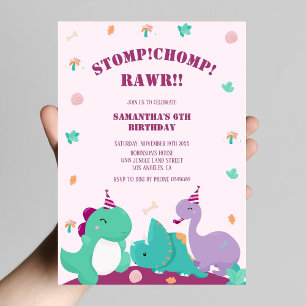 Invitation Stomp Chomp Rawr rose mou Dinosaure Anniversaire
