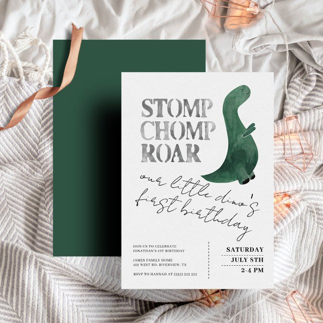 Invitation Stomp Chomp Roar Baby Boy Dinosaur Premier anniver (Créateur téléchargé)