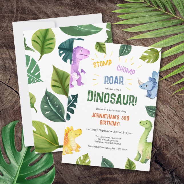 Invitation Stomp Chomp Roar Dinosaur 3e fête d'anniversaire (Stomp Chomp Roar Dinosaur 3rd Birthday Party Invitation)
