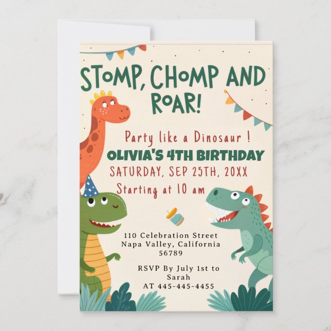 Invitation Stomp Chomp Roar Dinosaur fête d'anniversaire du g (Devant)