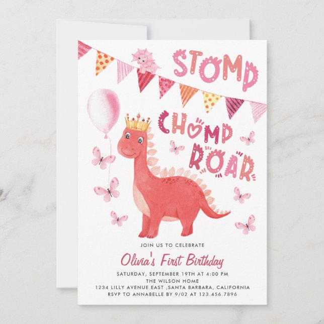 Invitation Stomp Chomp Roar Dinosaur Fille 1er anniversaire f (Devant)