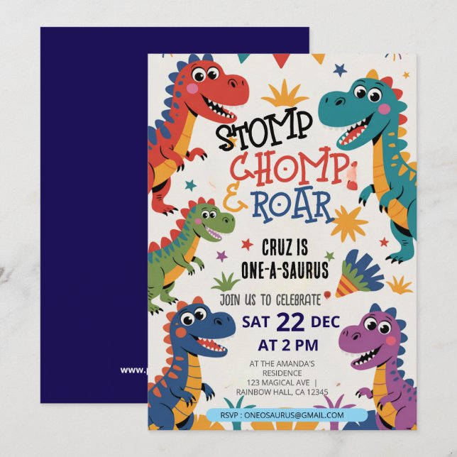 Invitation Stomp Chomp Roar dinosaure un par saurus anniversa (Devant / Derrière)