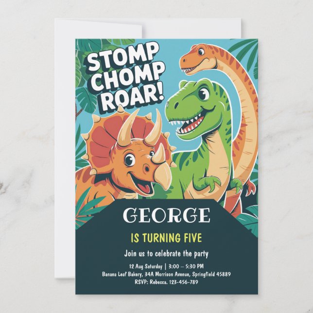 Invitation Stomp Chomp Roar Fun Dinosaur 5th Birthday Party (Devant)