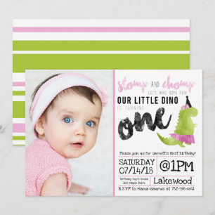 Invitation Stomp et Chomp Petite fille Dino Anniversaire Dino
