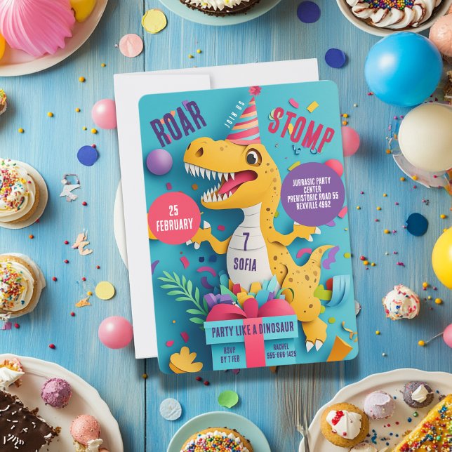 Invitation Stomp Roar Dinosaur Fille fête d'anniversaire (Créateur téléchargé)