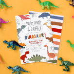 Invitation Stompe, Chompe et Rouler ! Dinosaures fête d'anniv<br><div class="desc">Stompe, Chompe et Rouler ! Faisons la fête comme un dinosaure ! Une façon idéale pour les invitations amis à une fête amusante! Les détails de votre événement sont encadrés par différents dinosaures en bleu, jaune, orange, rouge, rose, vert, gris et marron. Entre les animaux se trouvent des feuilles tropicaux...</div>