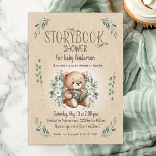 Invitation Storbook Teddy Bear Sage Tan Baby shower Vintage