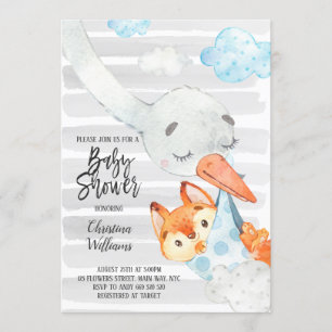 Invitation Stork and Fox Cub Boy Baby shower Blue & Grey Cute