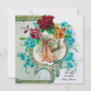 Invitation STORK BABY SHOWER 2 blanche glace métallique