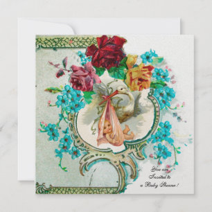 Invitation STORK BABY SHOWER 2 blanche glace métallique