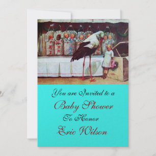 Invitation STORK BABY SHOWER 3, bleu vert or métallique