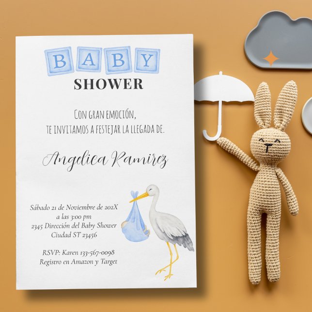 Invitation Stork Baby shower espagnol Dusty Blue Qr Code cade (Stork Spanish Baby Shower Dusty Blue Qr Code Gift Invitation)