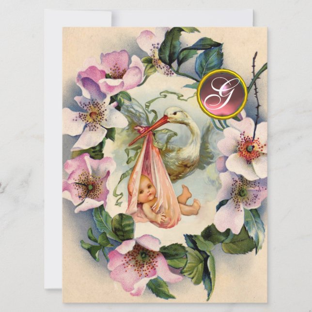 INVITATION STORK BABY SHOWER FILLE, ROSE ROSES SAUVAGE MONOGR (Devant)