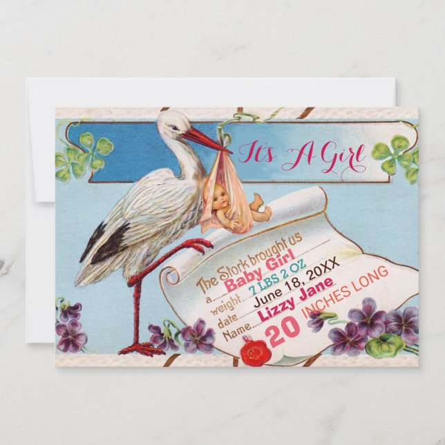 Invitation STORK, BABY SHOWER SHAMROCK GiRL STATS DE NAISSANC (Devant)
