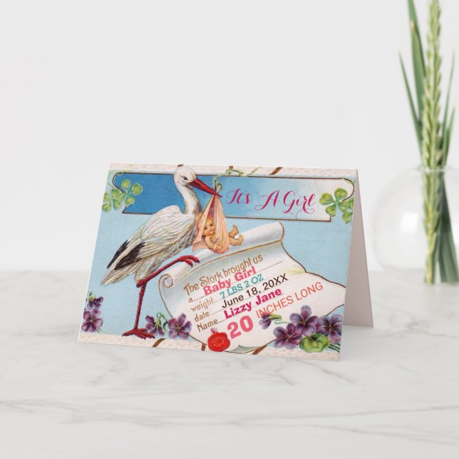 Invitation STORK, BABY SHOWER SHAMROCK GiRL STATS DE NAISSANC (Devant)