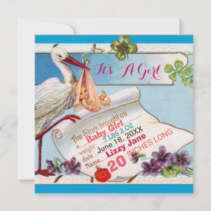 Invitation STORK, BABY SHOWER SHAMROCK GiRL STATS DE NAISSANC
