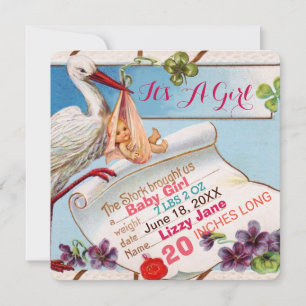 Invitation STORK, BABY SHOWER SHAMROCK GiRL STATUT DE NAISSAN