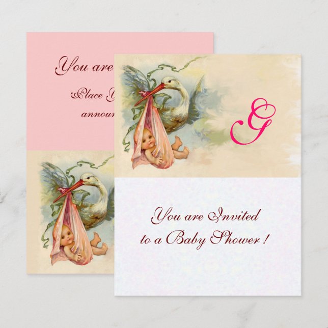 Invitation STORK BÉBÉ FILLE DOUCHE MONOGRAM rose (Devant / Derrière)