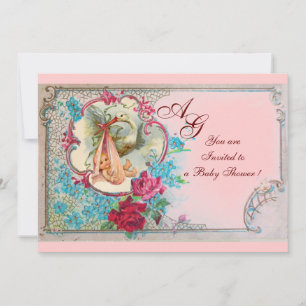 INVITATION STORK BÉBÉ FILLE DOUCHE ROSE BLEU FLORAL MONOGRAM