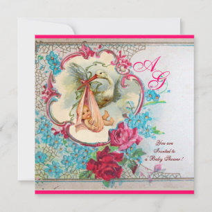 INVITATION STORK BÉBÉ FILLE DOUCHE ROSE BLEU FLORAL MONOGRAM