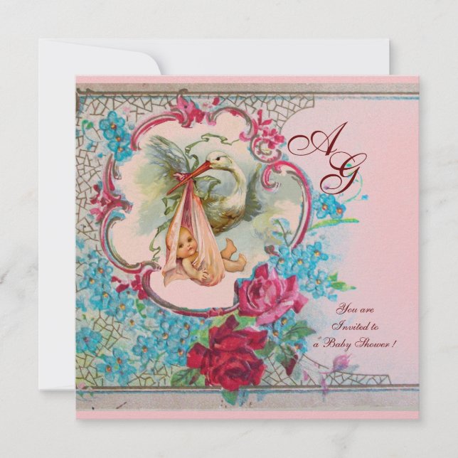 INVITATION STORK BÉBÉ FILLE DOUCHE ROSE BLEU FLORAL MONOGRAM (Devant)