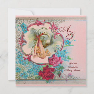 INVITATION STORK BÉBÉ FILLE DOUCHE ROSE BLEU FLORAL MONOGRAM