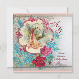INVITATION STORK BÉBÉ FILLE DOUCHE ROSE BLEU FLORAL MONOGRAM