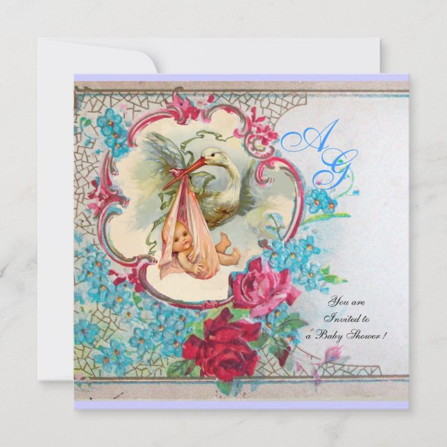 INVITATION STORK BÉBÉ FILLE DOUCHE ROSE BLEU FLORAL MONOGRAM (Devant)
