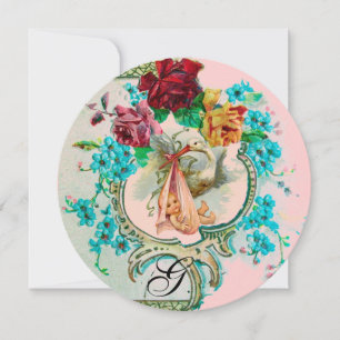 INVITATION STORK BÉBÉ FILLE DOUCHE ROSE BLEU FLORAL MONOGRAM