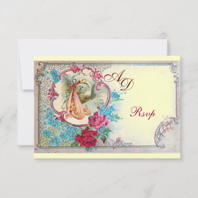 INVITATION STORK BÉBÉ FILLE DOUCHE ROSE BLEU FLORAL MONOGRAM (Devant)